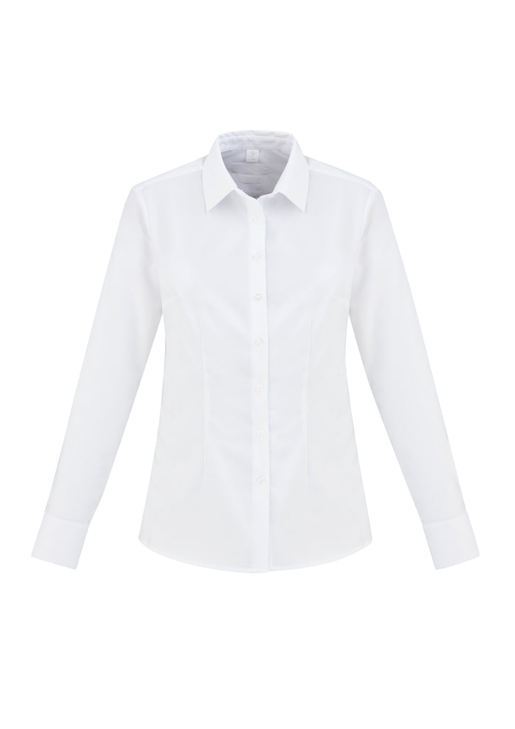 Elegant white Ladies Regent L/S Shirt, size 8, made of wrinkle-resistant cotton, featuring a herringbone weave for stylish comfort.
