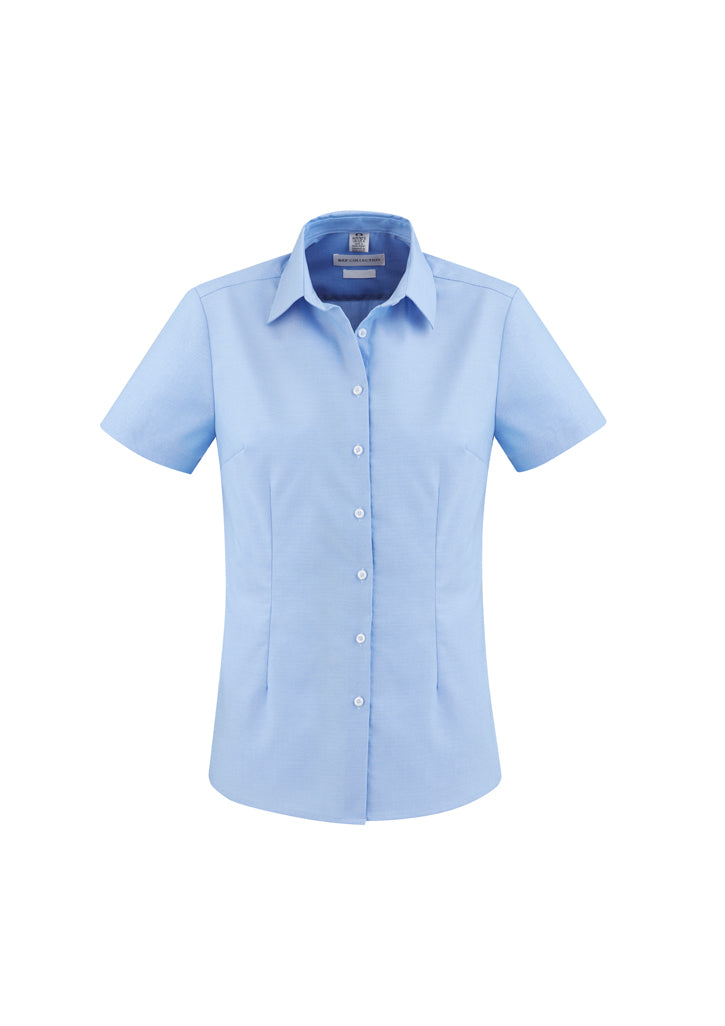 Ladies Regent S/S Shirt in blue, Size 8, showcasing a stylish herringbone weave and flattering fit for versatile wear.
