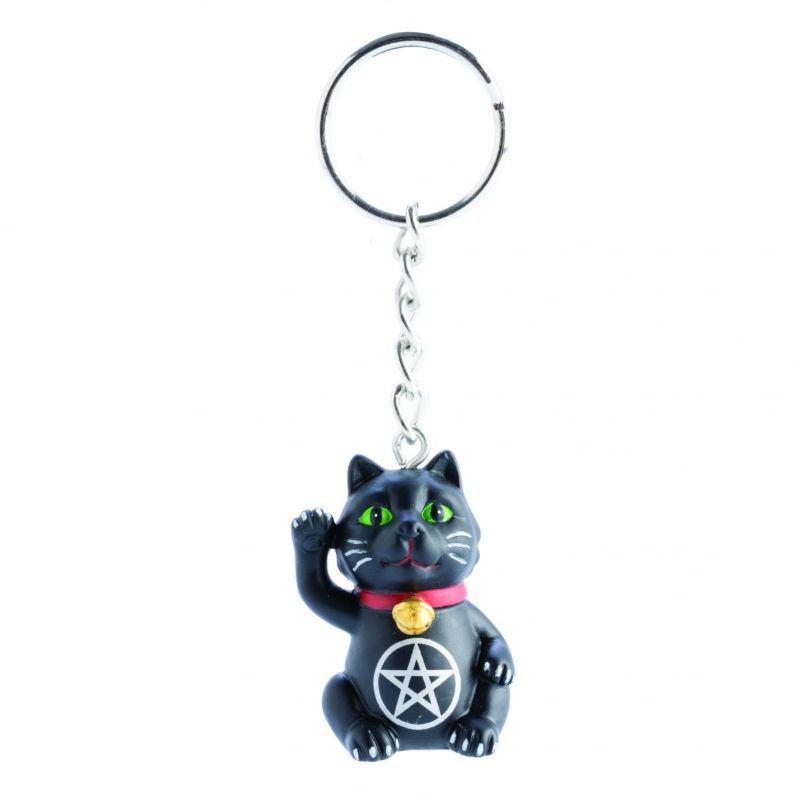 Set of 6 mystical keychains featuring black cats with green eyes, golden bells, and pentacle designs for charm lovers.