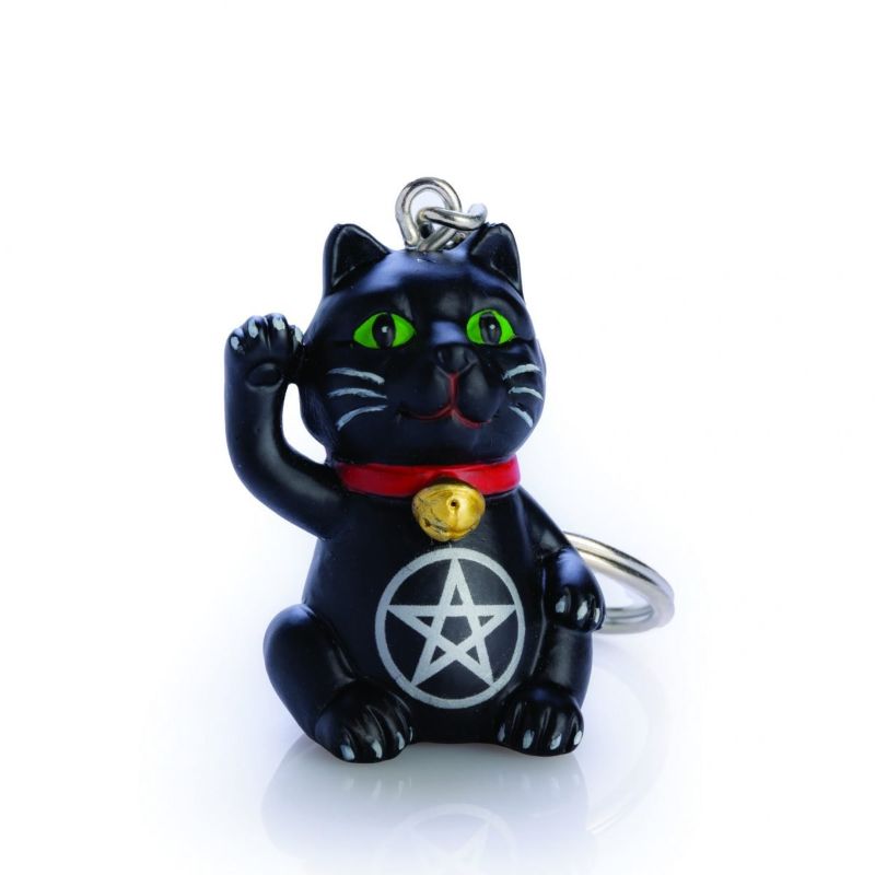 Set of 6 mystical keychains featuring a black cat with green eyes and a pentacle, perfect for cat lovers.