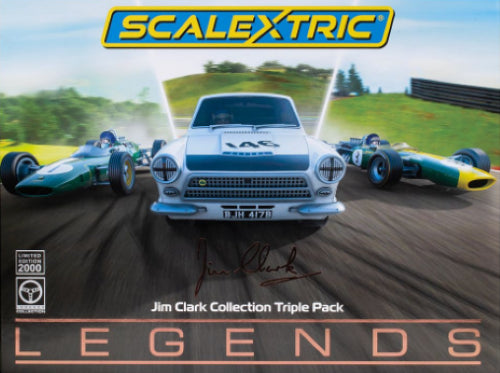 Limited edition Scalextric triple pack featuring detailed slot cars celebrating Formula One legend Jim Clark's career.
