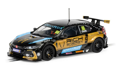 Scalextric Honda Civic FK8 Type R BTCC '22 model in black and gold livery, showcasing precision racing details for enthusiasts.
