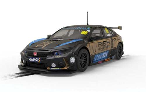 Scalextric Honda Civic FK8 Type R BTCC '22 model in black and gold livery, inspired by Rich Energy, perfect for slot racing fun.