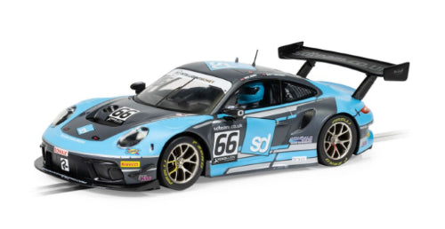 "Scalextric Porsche 911 GT3 British GT '22 model in blue and grey, capturing Team Parker Racing's dynamic performance."