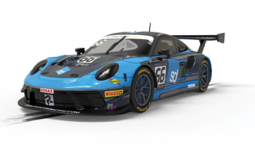 Scalextric Porsche 911 GT3 British GT '22 in blue and grey, capturing Team Parker Racing's 2022 championship performance.