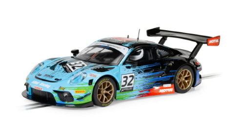 Detailed Scalextric Porsche 911 GT3 Redline '22 slot car, capturing Redline Racing's 2022 British GT performance.