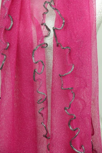 Pink Lurex scarf with curly edge, 150x50cm, lightweight, glamorous, perfect for layering and year-round styling.