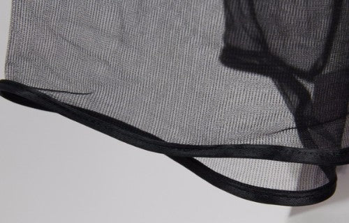 Lightweight black chiffon net scarf with satin edge, measuring 190*75cm; perfect for layering or headscarf styling.