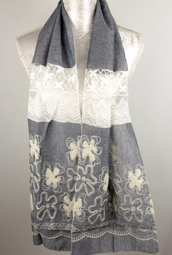 Lace and embroidery scarf in denim, showcasing elegance and versatility for any outfit or occasion.
