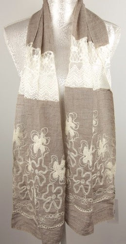 Lace and embroidery scarf in mushroom hue, featuring intricate details for versatile, stylish layering any season.