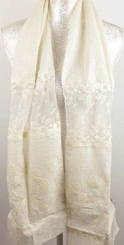 Elegant ivory scarf featuring intricate lace and botanical embroidery, perfect for any occasion and versatile styling.