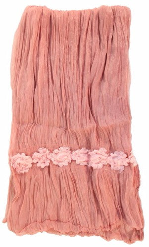 Peach crinkled fabric featuring elegant rose patterns, perfect for stylish summer occasions and comfortable all-day wear.