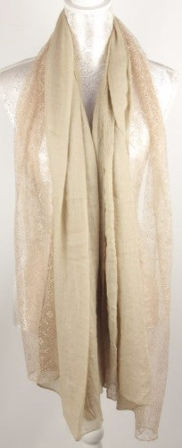 Taupe lace and viscose fabric showcasing intricate details, perfect for stylish garments and elegant home decor.