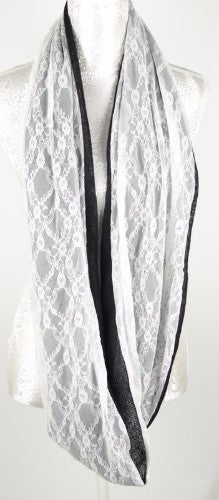 Lace On Knit Infinity Scarf in black, featuring a stylish lace design, perfect for adding warmth and elegance to any outfit.