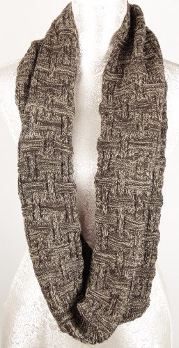 Khaki Weave Snood Scarf in soft acrylic, 30x55cm, stylishly cozy for winter outfits and ideal for travel.