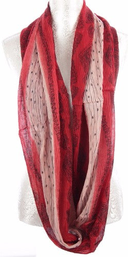 Luxurious red pleat infinity scarf, 90cm x 180cm, lightweight polyester, perfect for any season and versatile styling.