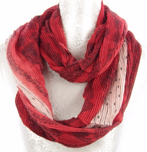 Vibrant red Pleat Infinity Scarf, 100% polyester, soft lightweight design, elegant pleats, perfect for any occasion.