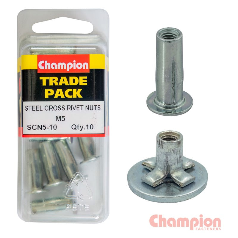 Champion Steel Cross Rivet Nuts - M5, durable steel fasteners for secure metal and composite assemblies, pack of 10.