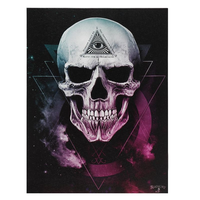 Small canvas print featuring a human skull amidst a galaxy of geometric shapes, perfect for mystical home decor.
