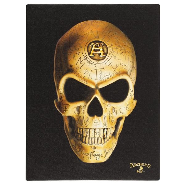 Bold Alchemy Omega Skull canvas plaque, 25x19 cm, perfect for gothic decor and a captivating focal point.