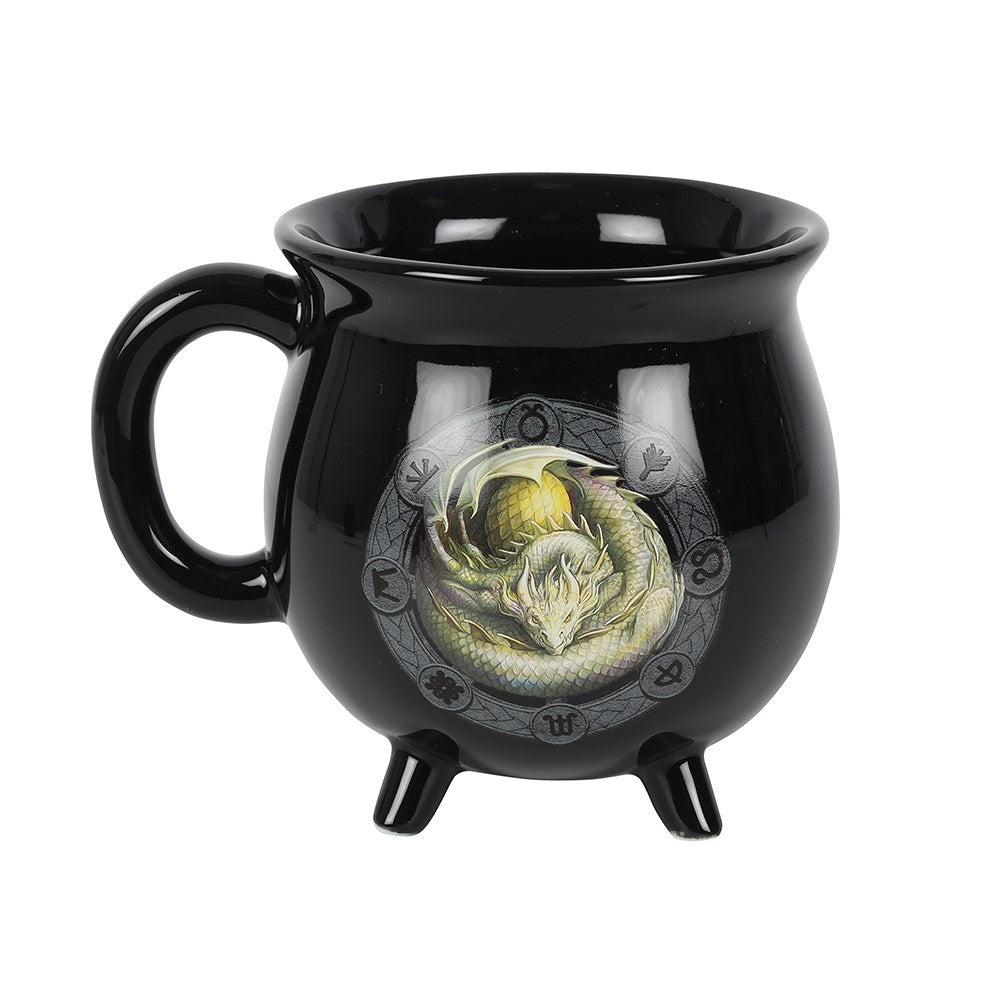 Ostara Colour Changing Cauldron Mug featuring a dragon design that reveals glowing sabbat symbols when filled with a hot drink.