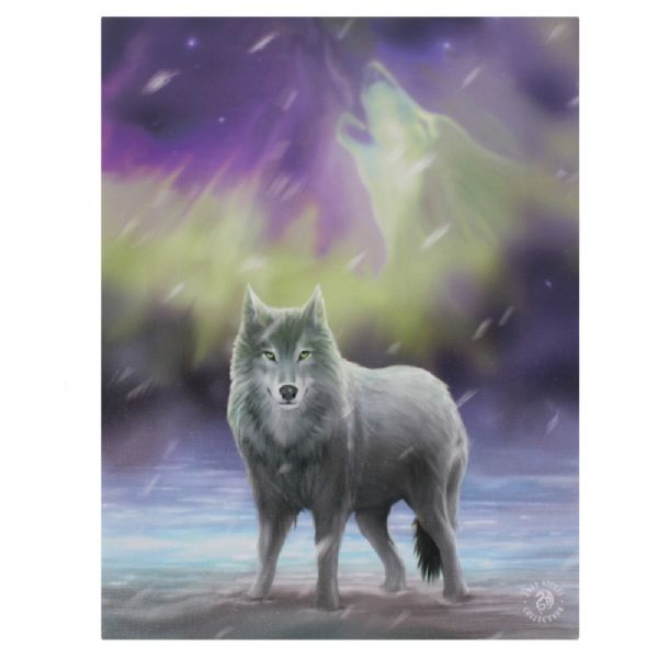 Canvas art featuring a wolf under the Aurora Borealis, perfect for animal lovers and Anne Stokes fans.