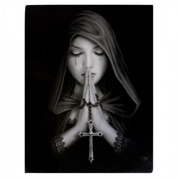 Gothic wall art by Anne Stokes, featuring an enchanting prayer scene on a 25 x 19 cm canvas, ideal for mystical decor.