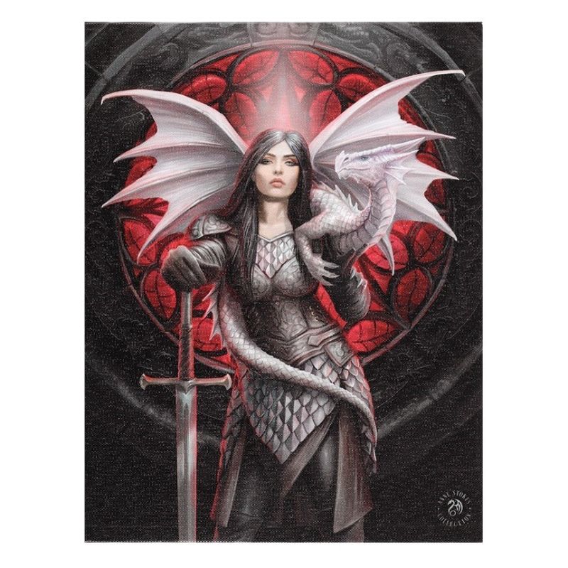 Small canvas print by Anne Stokes featuring a warrior and dragon against a red stained glass backdrop, measuring 25 x 19 cm.