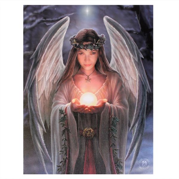 Small canvas art featuring a enchanting Yule Angel by Anne Stokes, adorned with snow and holly, perfect for winter decor.