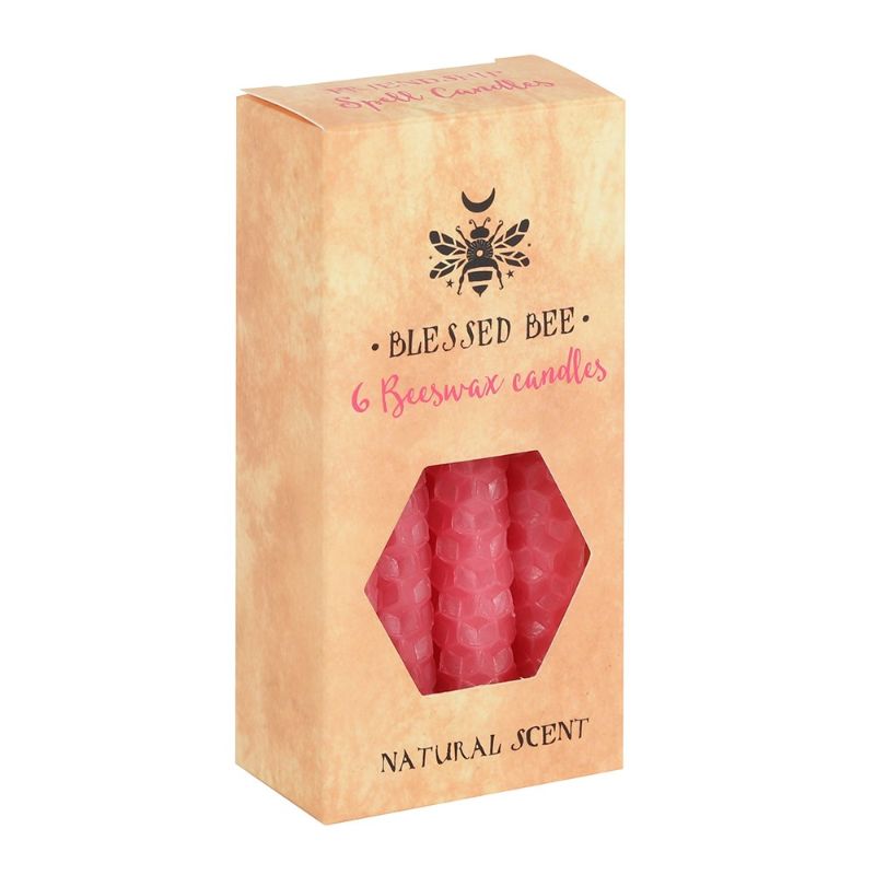 Pack of 6 pink beeswax candles, ideal for love and friendship rituals, with natural scent and 1-hour burn time.