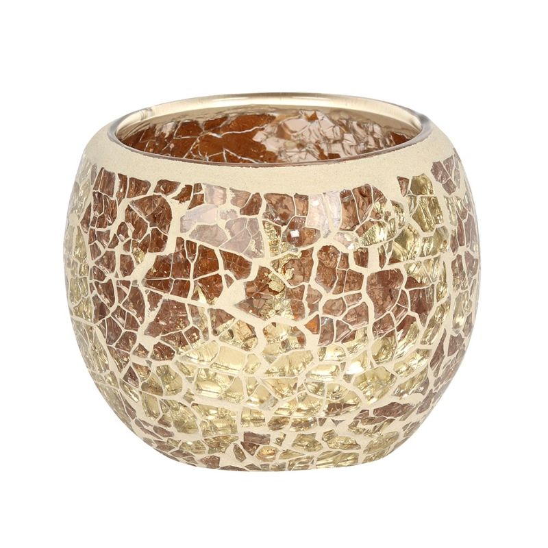 Small gold crackle glass candle holder enhancing decor with warm glow, unique texture, and elegant design for ambient lighting.