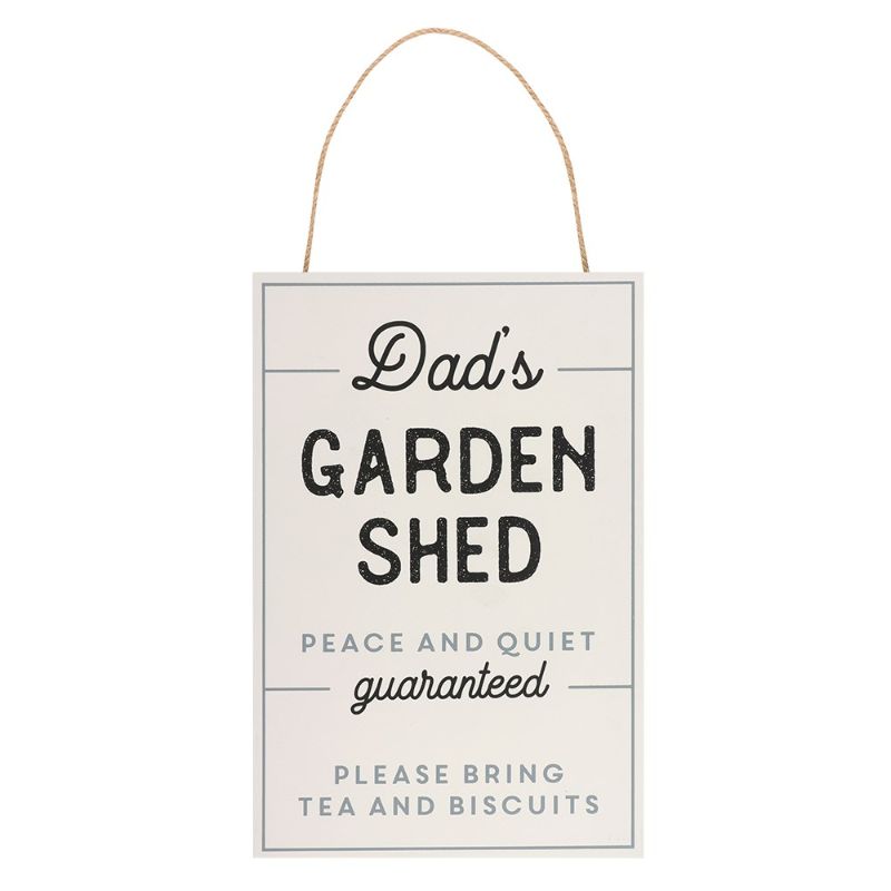 Hanging sign for Dad's shed with playful text about peace and tea, perfect for decor and gifting.