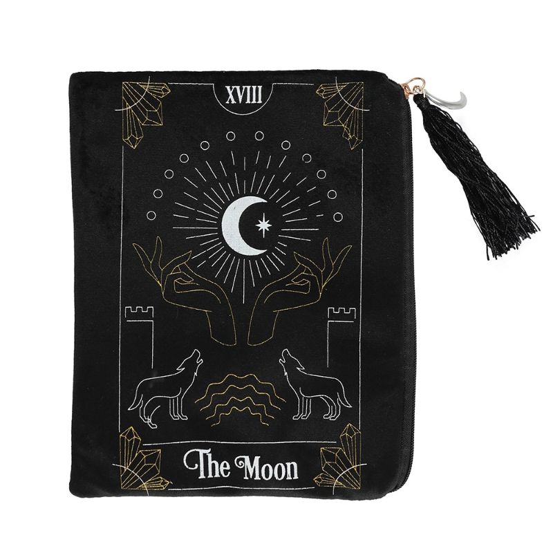 Velvet zippered bag featuring a white and gold moon tarot card design, perfect for storing tarot decks and treasures.