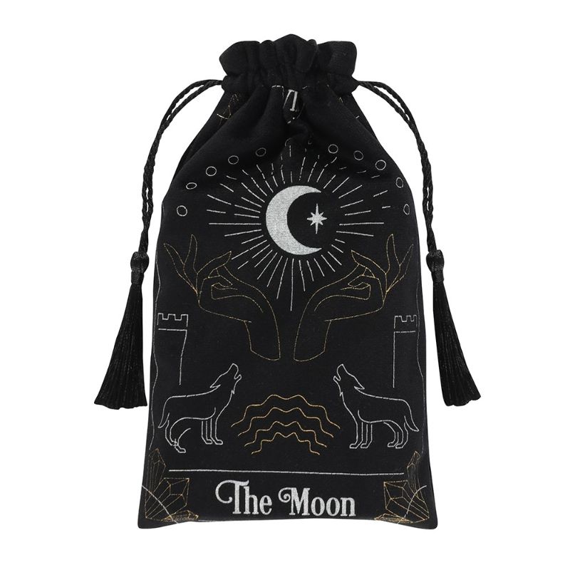 Velvet drawstring pouch with white and gold tarot illustration, perfect for storing tarot and oracle cards elegantly.