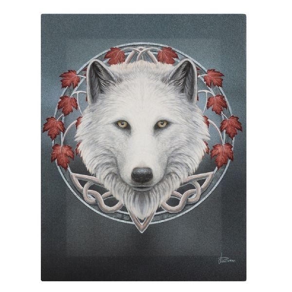 Small Guardian Of The Fall Canvas Plaque showcasing a white wolf design by Lisa Parker, perfect for nature-themed decor.