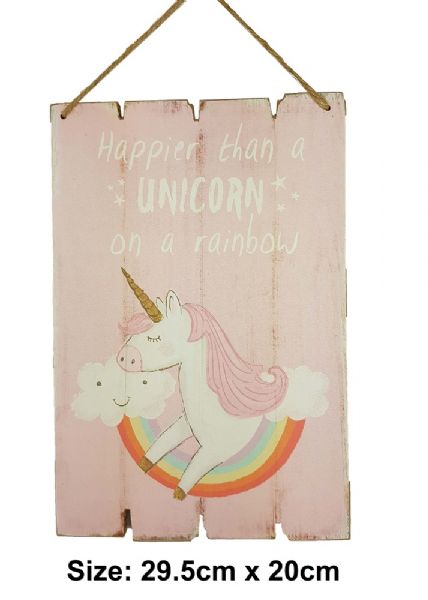 Vibrant "Happier Than a Unicorn" plaque, 29.5cm x 20cm, adds whimsical joy to any space, perfect for kids' rooms.