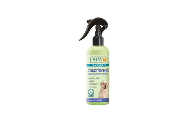 Lavender-scented grooming spray for dogs that detangles, softens, and calms during grooming, safe for all breeds.