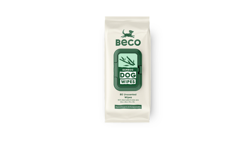Unscented dog grooming wipes made from bamboo, infused with aloe vera and shea butter, suitable for sensitive skin.