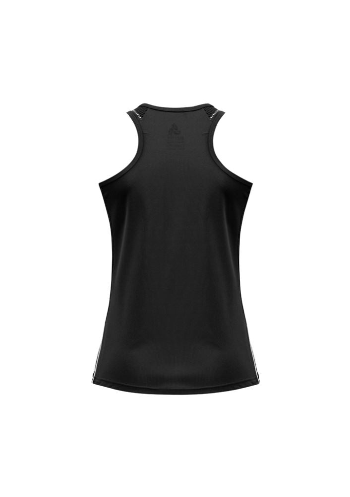 Black and white ladies razor singlet, Size 8, featuring breathable mesh panels and stylish contrast details for activewear.