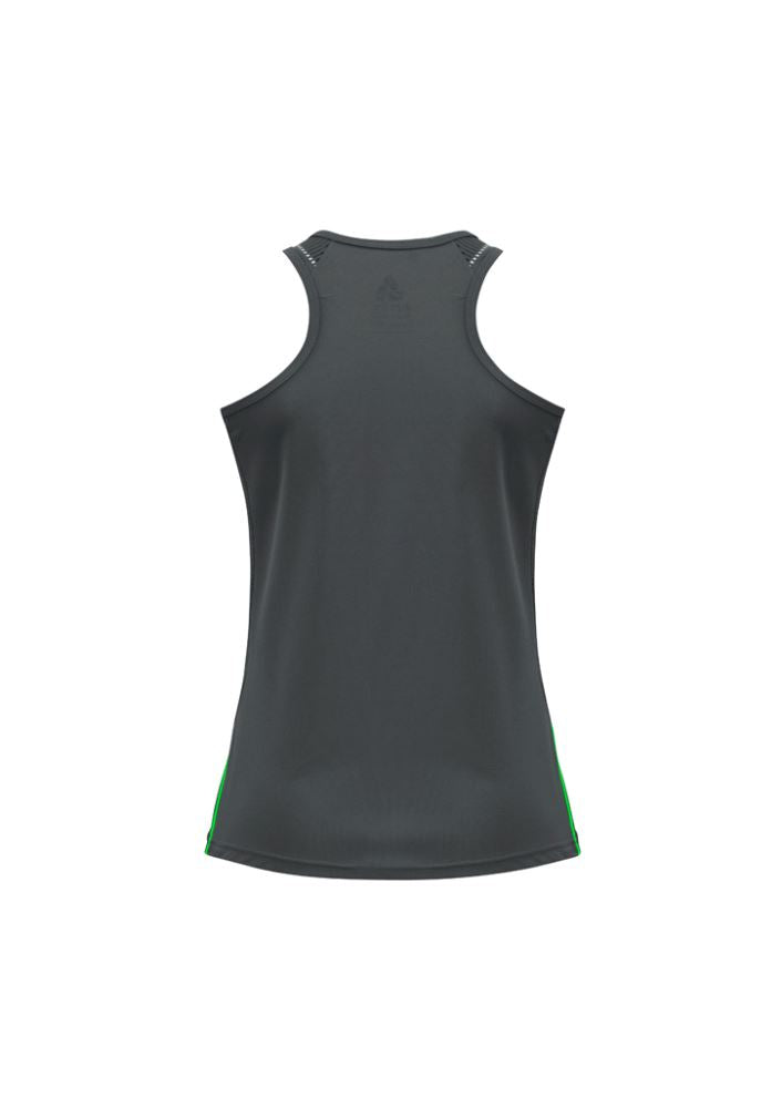 Ladies Razor Singlet in Grey/Fluoro Lime, size 10, featuring breathable fabric, unique print, and stylish racer back design.