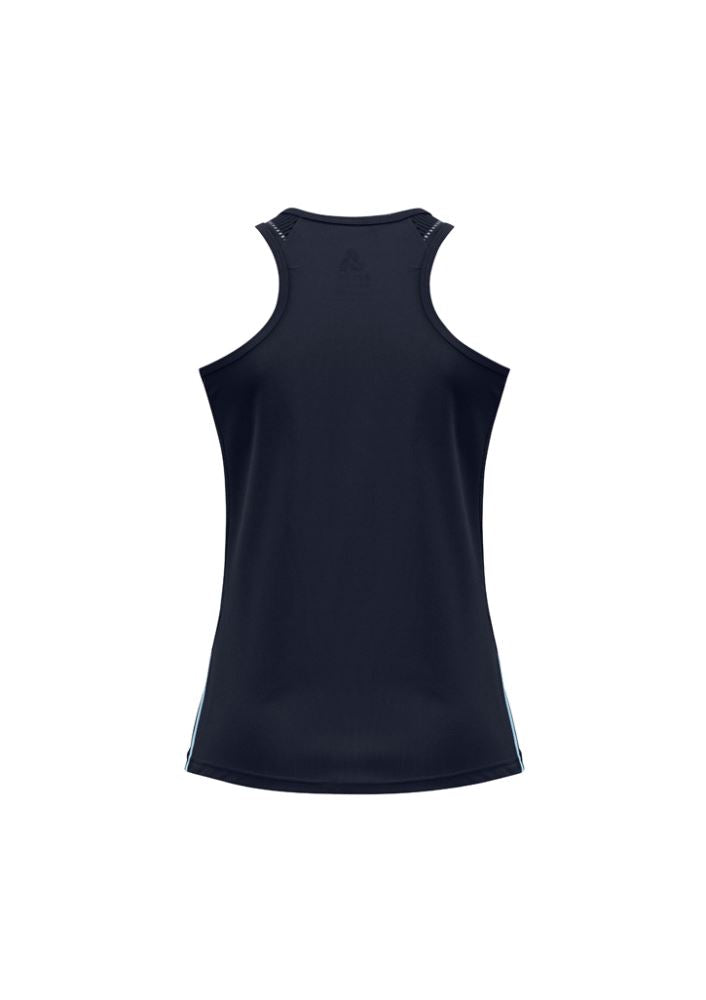 Navy/Sky Ladies Razor Singlet, Size 8 - Stylish, breathable sportswear with V-neck, racer back, and moisture-wicking fabric.