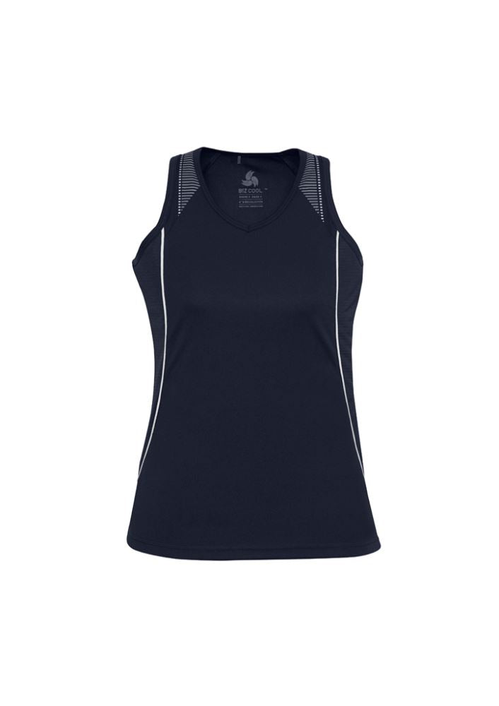 Navy/white ladies singlet, size 20, with moisture-wicking fabric, UPF protection, and stylish design for workouts and casual wear.