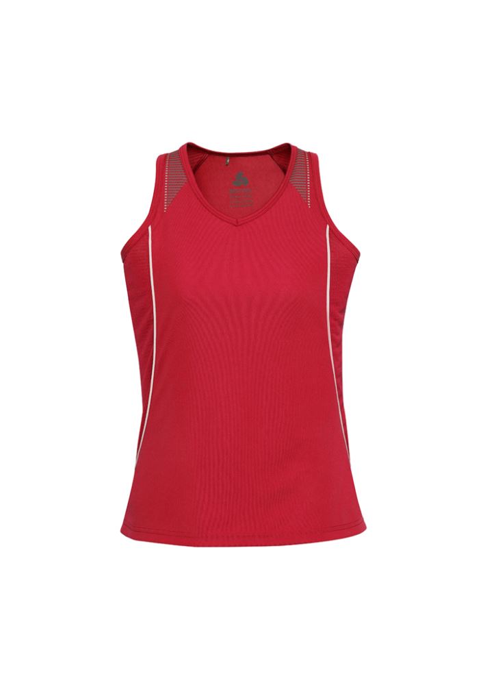 Ladies Razor Singlet in red and white, size 16, featuring breathable mesh panels and stylish racer back design for activewear.