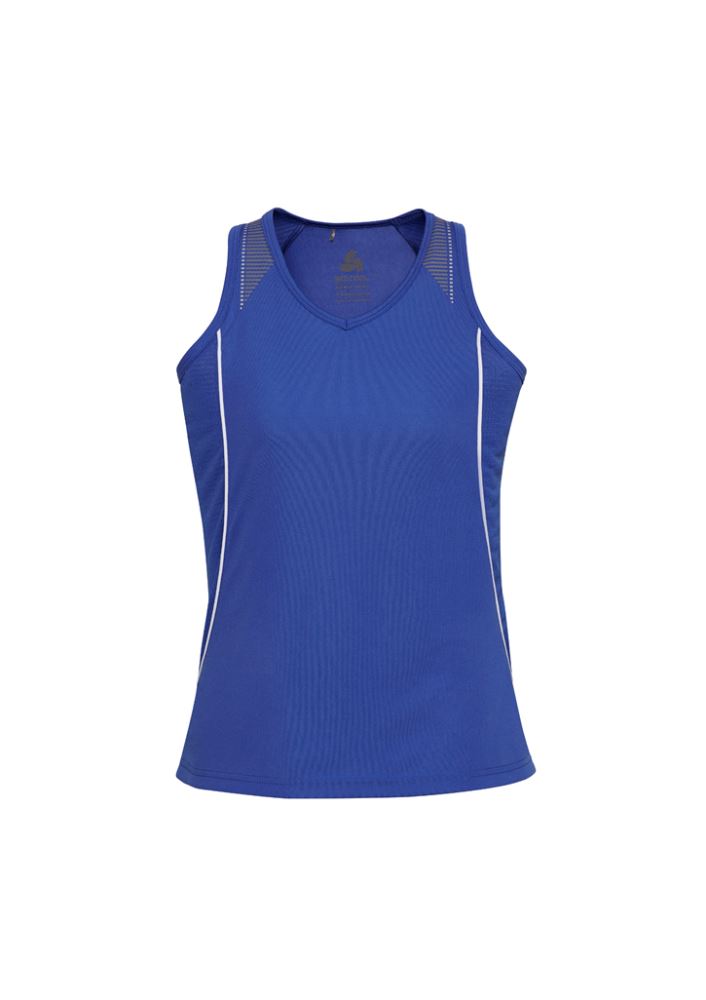 Ladies Razor Singlet in Royal/White, Size 18, featuring breathable mesh panels, V-neck, and stylish shoulder print design.