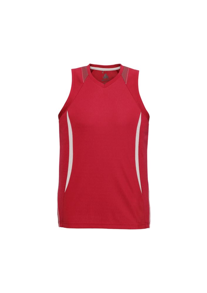 Men's Razor Singlet in Red/White, size S, featuring breathable mesh panels and a stylish V-neck design for athletic wear.