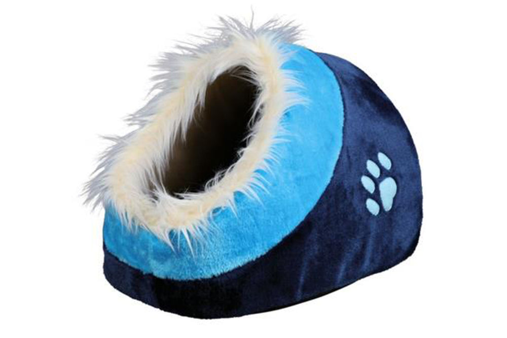 Blue cuddly cave cat bed with plush cover, foam padding, and a non-slip bottom, measuring 47 x 37cm.