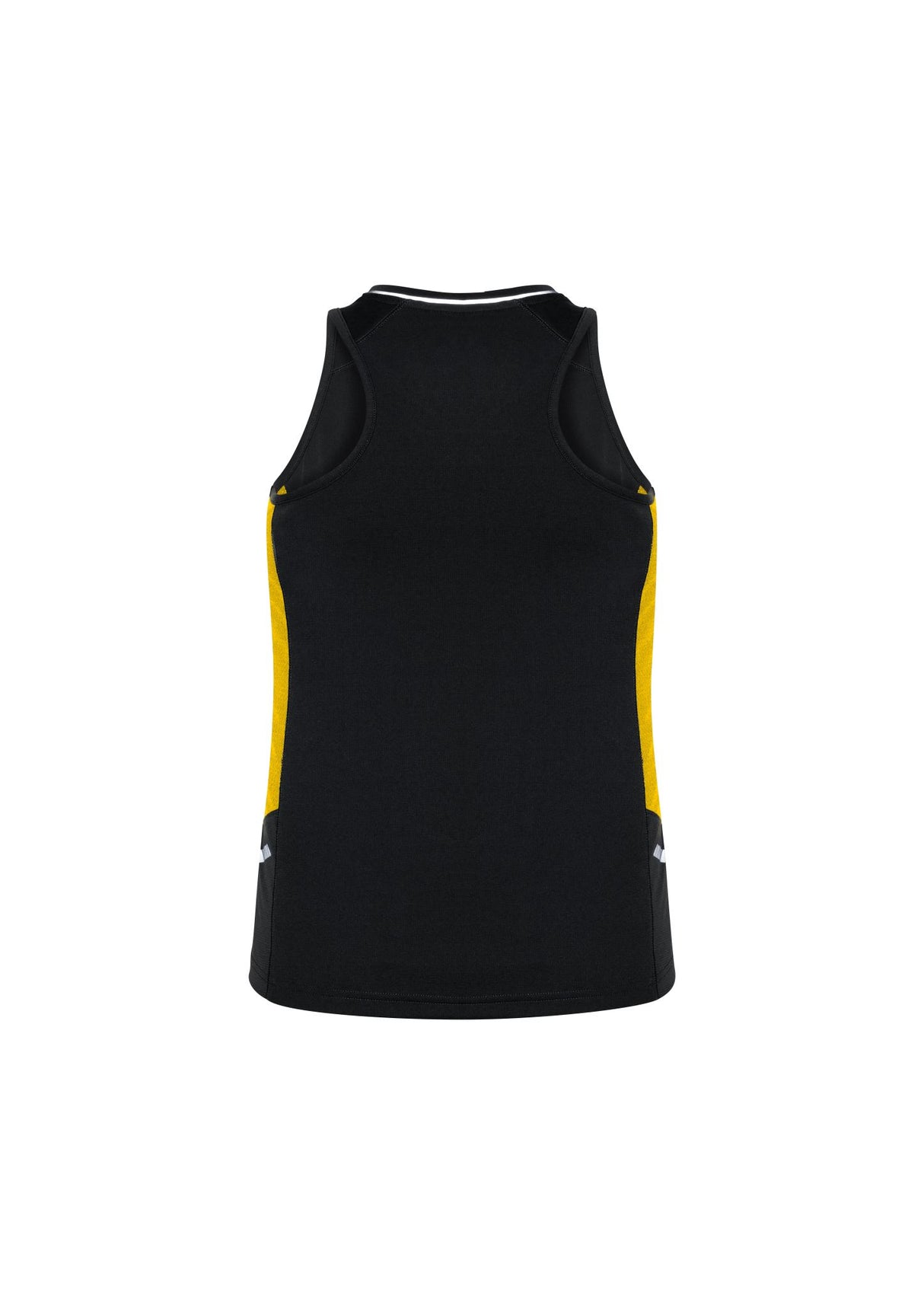 Ladies Renegade Singlet in Black/Gold/Silver, Size 20, features moisture-wicking fabric, mesh panels, and reflective trims for visibility.