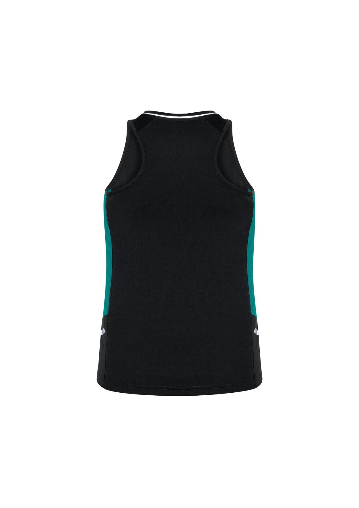 Ladies Renegade Singlet in Black, Teal, and Silver with racerback design, mesh panels, and reflective trims for activewear.