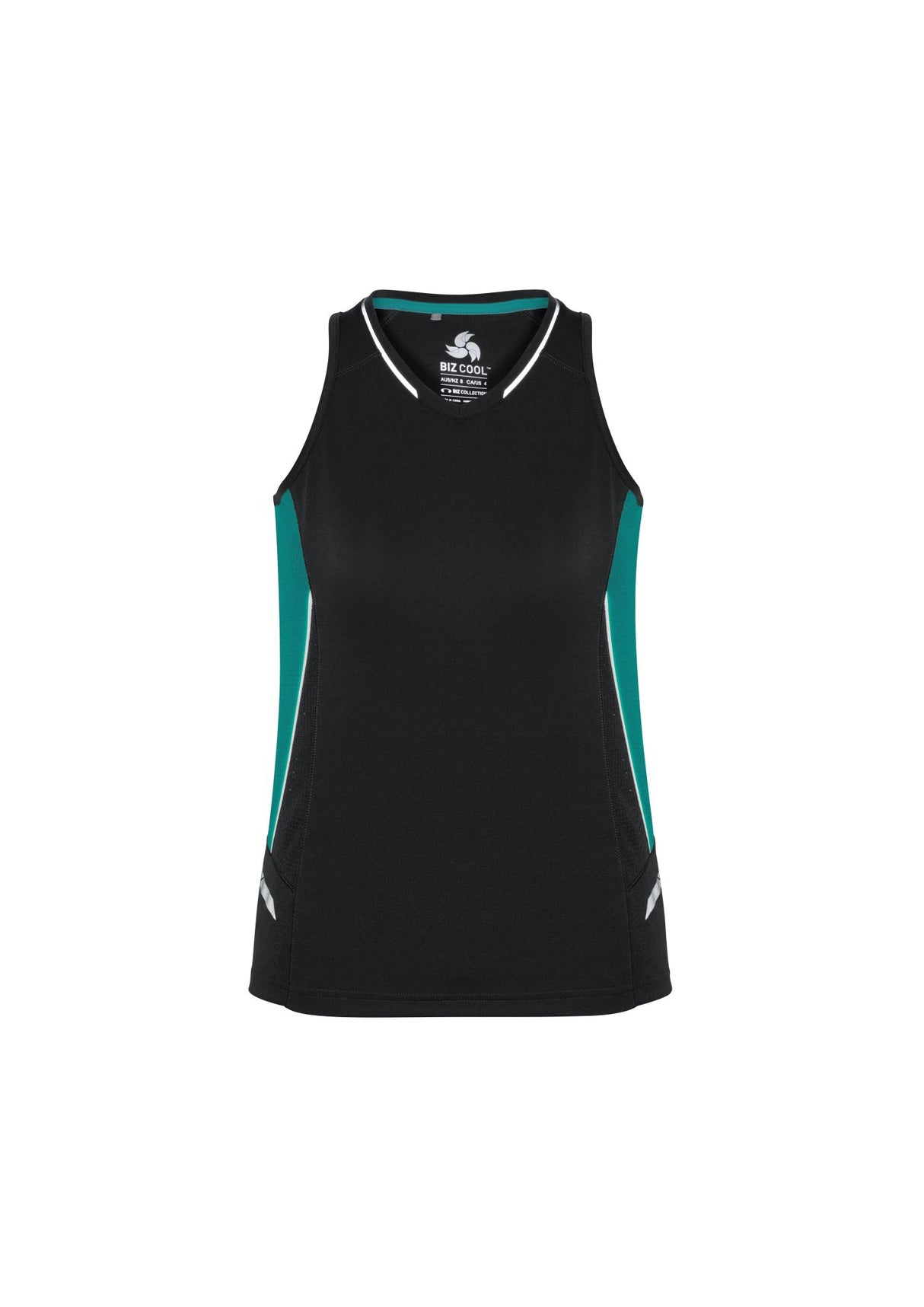 Stylish black, teal, and silver ladies singlet with reflective trims and mesh panels for breathability, perfect for workouts.