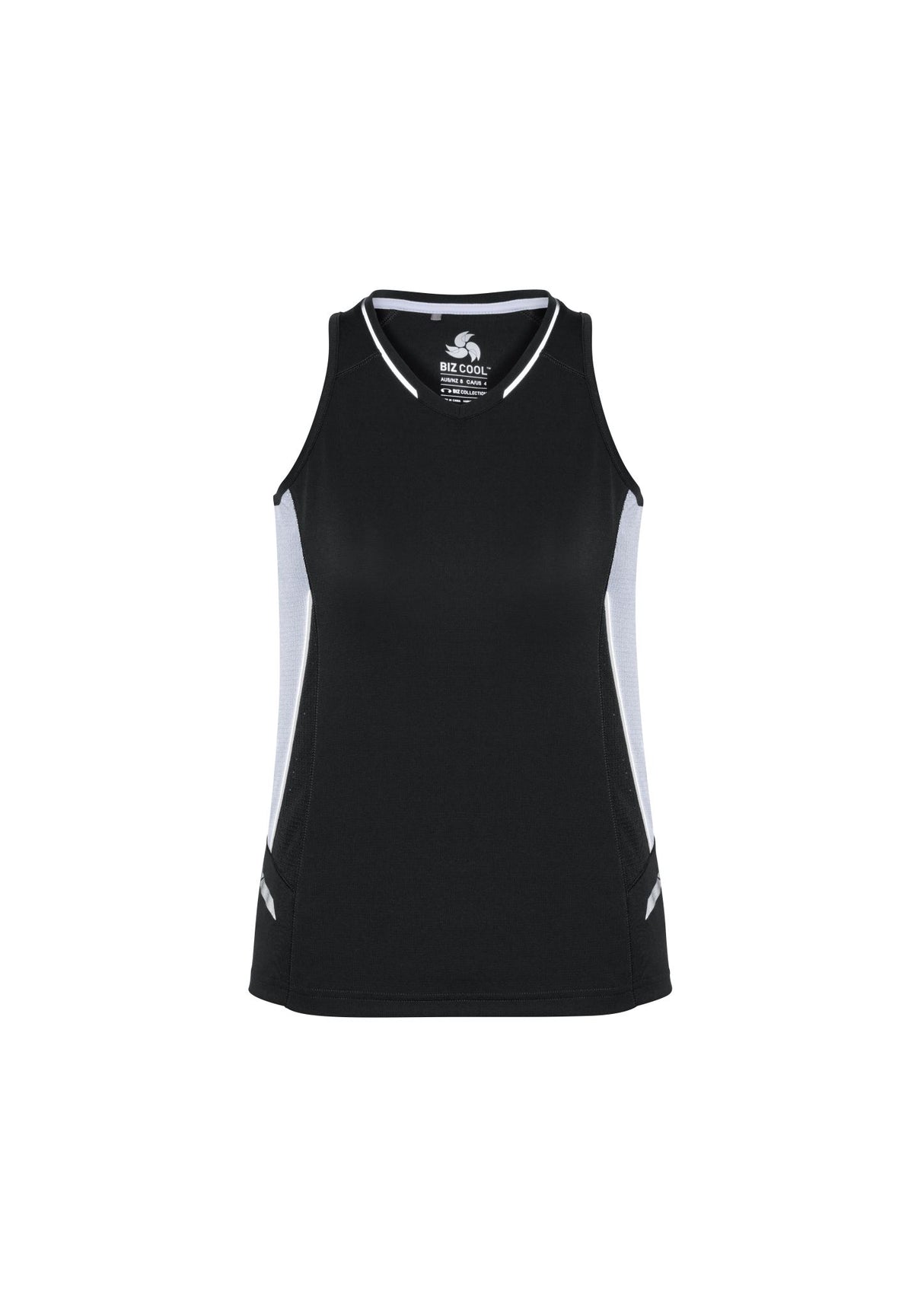 Ladies Renegade Singlet in Black, White, and Silver, featuring a racer back, mesh panels, and reflective trims for activewear style.